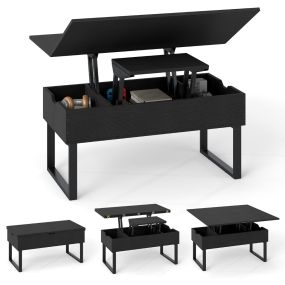 Mesa de Centro Convertible 3 en 1 con Tapa Elevable y 3 Compartimentos Ocultos de Madera para Sala Estar Oficina Negro