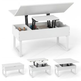 Mesa de Centro Convertible 3 en 1 con Tapa Elevable y 3 Compartimentos Ocultos de Madera para Sala Estar Oficina Blanco