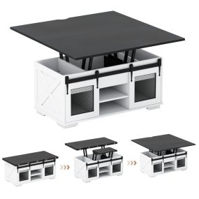Mesa de Centro Tapa Elevable Estilo Granja 2 Puertas Corredizas 3 Compartimentos Ocultos Sala Estar Panel Negro