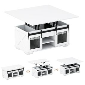 Mesa de Centro Tapa Elevable Estilo Granja 2 Puertas Corredizas 3 Compartimentos Ocultos Sala Estar Panel Blanco