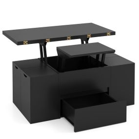 Mesa Centro Elevable 4 Taburetes 3 en 1 Extensible con Compartimento Oculto y Cajón Convertible a Comedor para 4-8 Personas Negro