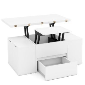 Mesa Centro Elevable 4 Taburetes 3 en 1 Extensible con Compartimento Oculto y Cajón Convertible a Comedor para 4-8 Personas Blanco