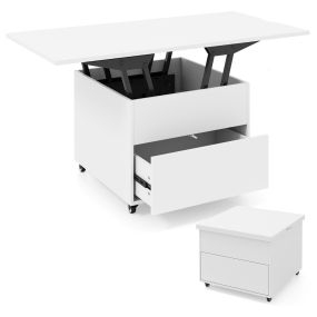 Mesa de centro elevable 3 en 1 con almacenamiento oculto, cajón y ruedas bloqueables, blanco