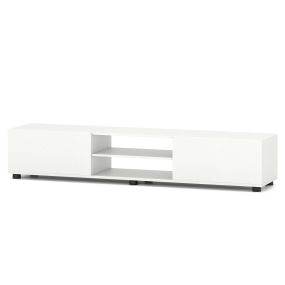 Mueble para TV hasta 70 pulgadas con estantes abiertos, compartimentos, puertas y 6 patas metálicas blanco