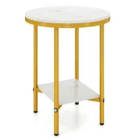 Mesa de Café Redonda de 2 Niveles 40,5 cm Mesa Lateral Auxiliar con Estante de Almacenamiento Marco Metálico Dorado Blanco