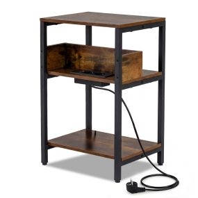 Mesa Lateral de 3 Niveles con Estación de Carga USB y Enchufes Estantes Abiertos Estilo Industrial para Sala y Dormitorio Café