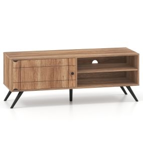 Mueble para TV hasta 55 pulgadas 120 cm con 2 estantes, 1 puerta, 5 patas y orificio para cables natural