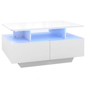 Mesa de Centro con Luz LED y Mando a Distancia Cuatro Cajones Amplio Almacenamiento para tu Salón Moderno 90 x 55 x 45,5 cm Blanco Mate