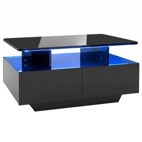 Mesa de Centro con Luz LED y Mando a Distancia Cuatro Cajones Superficie Brillante para tu Salón 90 x 55 x 45,5 cm Negro Brillante