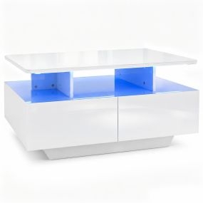 Mesa de Centro con Luz LED y Mando a Distancia Cajones Almacenamiento Superficie Brillante para Salón 90 x 55 x 45,5 cm Blanco Brillante