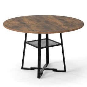 Mesa Redonda Industrial de 120 cm con Estante de Malla y Estructura Metálica con Travesaños de Madera para 4-6 Personas Color Industrial