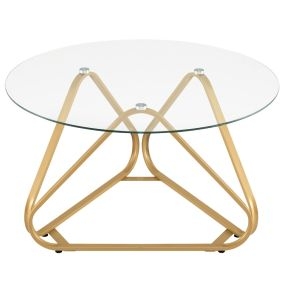 Mesa de Centro Redonda de Vidrio Templado con Estructura Triangular y 6 Almohadillas para Sala Estar Dormitorio Oficina Dorado