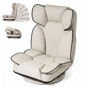 Silla de suelo giratoria con reposabrazos y respaldo reclinable de cuero sintético beige
