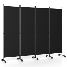 Separador de Espacio Plegable de 4 Paneles con Ruedas Suaves con Freno Estructura de Acero Muy Resistente 221 x 35,5 x 173 cm Negro