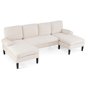 Sofá Modular U 4 Plazas con 2 Tumbonas Laterales Reposabrazos 4 Cojines Respaldo Almohadillas Pie para Salón Oficina Beige