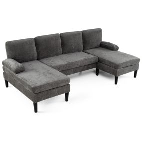Sofá Modular U 4 Plazas con 2 Tumbonas Laterales Reposabrazos 4 Cojines Respaldo Almohadillas Pie para Salón Oficina Gris Oscuro