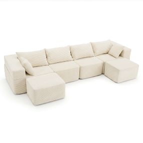 Sofá modular U 4 plazas de pana beige con 2 pufs 6 cojines y fundas lavables