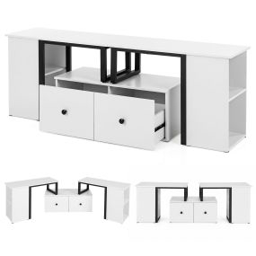Mueble de TV modular moderno blanco con 4 estantes abiertos, 2 cajones y estructura metálica