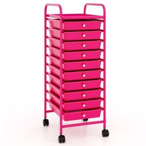 Carrito auxiliar con ruedas y 10 cajones extraíbles de metal apilable 33 x 37 x 86 cm rosa oscuro