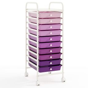 Carrito auxiliar con ruedas y 10 cajones extraíbles de metal apilable 33 x 37 x 86 cm púrpura