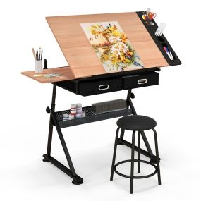 Mesa de Dibujo Escritorio Artesanal Altura y Ángulo de Escritorio Ajustable 2 Cajones con Silla Natural
