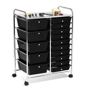 Cajonera multiusos con 15 cajones en cocina de plástico Contenedor con ruedas Negro