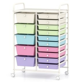 Carrito de almacenamiento con marco blanco, 15 cajones PP, multicolor, ruedas bloqueables, 63 x 37 x 87 cm