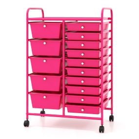 Carro Multiusos con Cajones Desmontables y Ruedas Bloqueables Organizador de Accesorios 63 x 37 x 87cm Rosa Oscuro