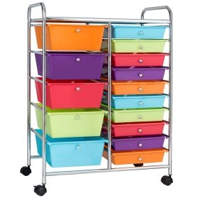 Contenedor con Ruedas Carro con Ruedas Cajones Carro de Baño con 15 Cajas Apilables Multicolor 62,5 x 37 x 87 cm