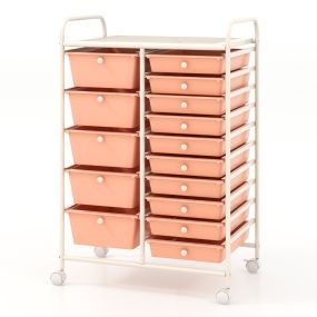 Carro de Almacenamiento Rodante con 15 Cajones con Cajones Desmontables Ruedas Bloqueables para Baño Oficina 63 x 37 x 87cm Rosa Claro