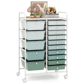 Carrito de almacenamiento con marco blanco, 15 cajones PP verde degradado, ruedas con freno, 63 x 37 x 87 cm