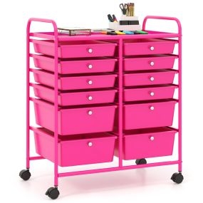 Carrito Auxiliar con Ruedas con 12 Cajones Apilables Carrito Organizador de Estructura Metálica para Cocina Oficina Baño Rosa
