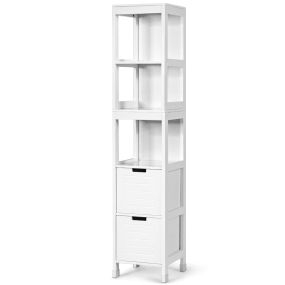 Armario alto de baño de madera blanco con 2 cajones y 3 estantes 30,5 x 30,5 x 144 cm