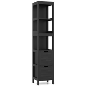 Armario alto de baño de madera negro con 2 cajones y 3 estantes 30,5 x 30,5 x 144 cm