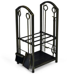Juego de herramientas para chimenea 5 piezas con estante para leña metálico bronce 44 x 30 x 74 cm