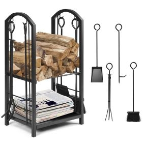 Conjunto de utensilios para chimenea 5 piezas de hierro sólido con soporte para leña negro 44 x 30 x 74 cm