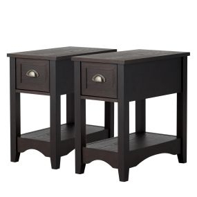 Mesa Lateral Retro con 1 Cajón 1 Estante de Almacenamiento Mesita de Noche Rectangular 56 x 33 x 58,5 cm-Marrón oscuro-Juego de 2
