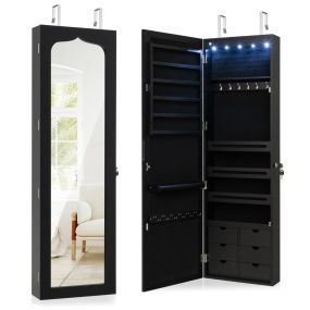 Armario para Joyas con Espejo Iluminación LED Cerradura Estante para Joyero Organizador Montar en Puerta y Pared 36,5 x 11,5 x 120 cm Negro