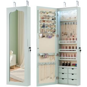 Armario para Joyas con Espejo Iluminación LED Cerradura Estante para Joyero Organizador Montar en Puerta y Pared 36,5 x 11,5 x 120 cm Verde