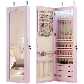 Armario para Joyas con Espejo Iluminación LED 6 Cajone Cerradura Estante para Joyero Organizador Montar en Puerta y Pared Rosa