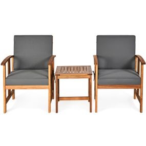 Juego de Sofá para Exteriores de Madera de Acacia de 3 Piezas con Cojines Conjunto de Conversación Seccional Acolchado con Mesa de Café Gris