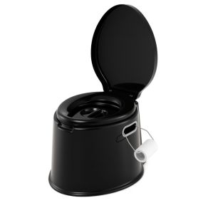 Inodoro portátil para camping con tapa y soporte para papel higiénico negro