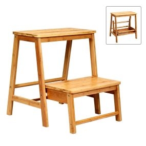Taburete plegable de bambú de 2 niveles con ranura antideslizante y pedal amplio 45 x 51 x 48 cm