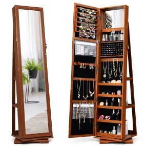 Armario Joyero Giratorio a 360° con Espejo Entero Organizador Joyas con Espejo para Maquillarse Marrón 38 x 38 x 161 cm
