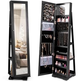 Armario Joyero Giratorio a 360° con Espejo Entero Organizador Joyas con Espejo para Maquillarse 38 x 38 x 161 cm Negro