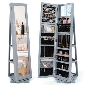 Armario Joyero Giratorio a 360° con Espejo Entero Organizador Joyas con Espejo para Maquillarse 39 x 39 x 161 cm Gris
