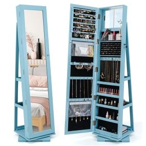 Armario Joyero Giratorio a 360° con Espejo Entero Organizador Joyas con Espejo para Maquillarse 39 x 39 x 161 cm Azul