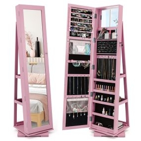 Armario Joyero Giratorio a 360° con Espejo Entero Organizador Joyas con Espejo para Maquillarse 39 x 39 x 161 cm Rosa