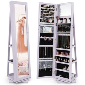 Armario Joyero Giratorio a 360° con Espejo Entero Organizador Joyas con Espejo para Maquillarse 39 x 39 x 161 cm Púrpura