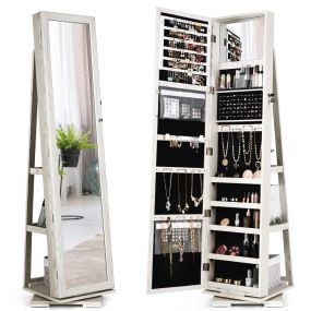 Armario Joyero Giratorio a 360° con Espejo Entero Organizador Joyas con Espejo para Maquillarse Blanco 39 x 39 x 161 cm